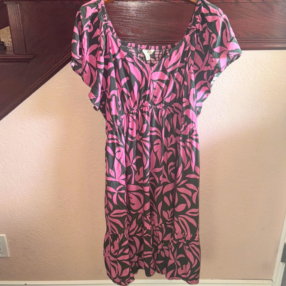 Terra & Sky Pink and Grey Tropical Floral Leaf Print Midi Resort Dress Womens 2X